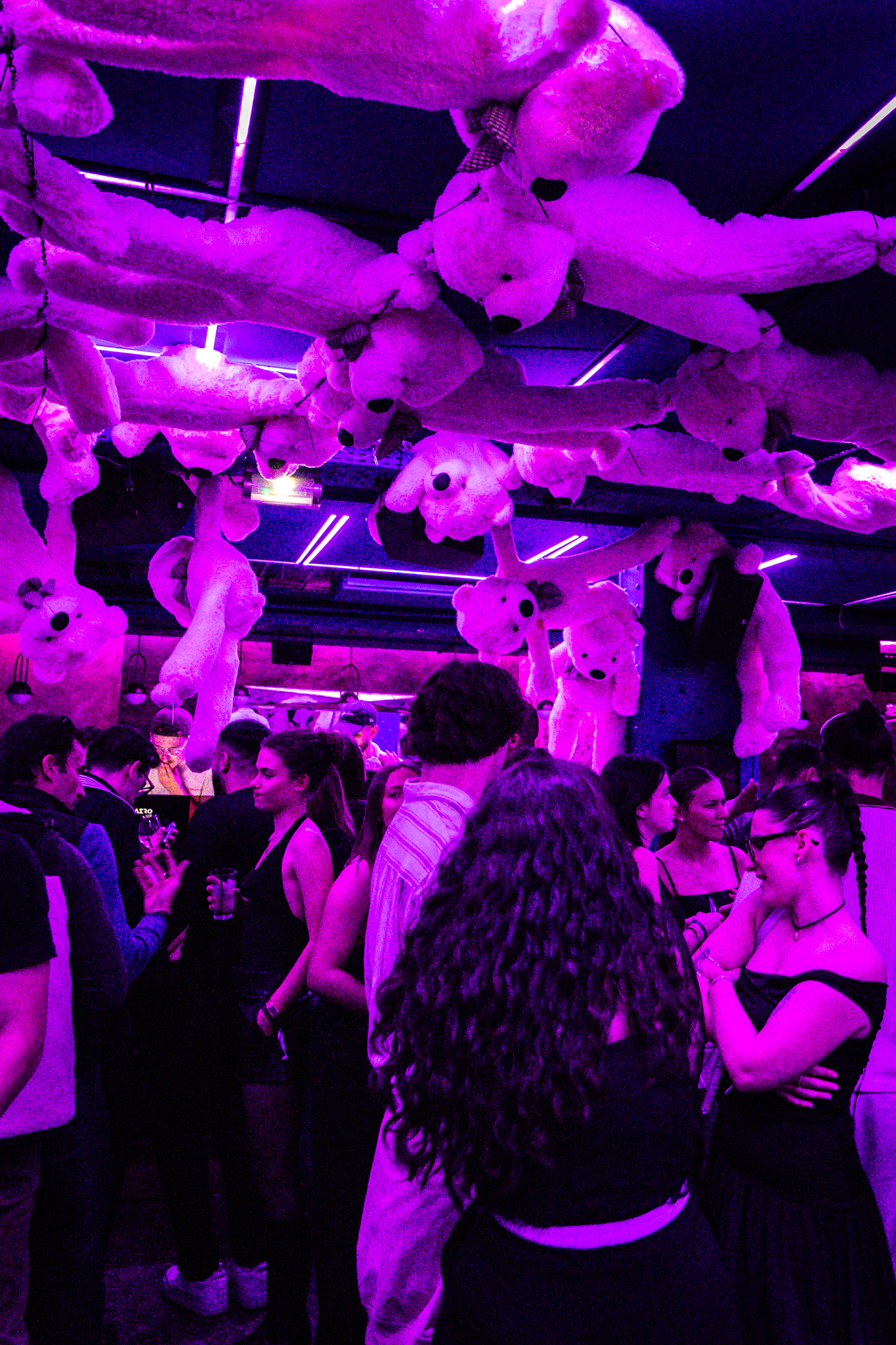 Les lumières violettes illuminent les ours suspendus et créent une atmosphère futuriste et décalée.