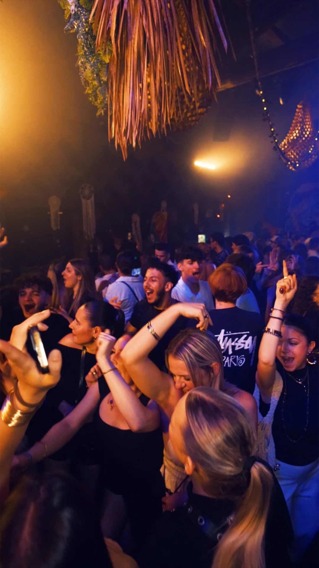 Foule dans une ambiance festive en club, les mains en l’air sous des lumières chaudes et une décoration tropicale.
